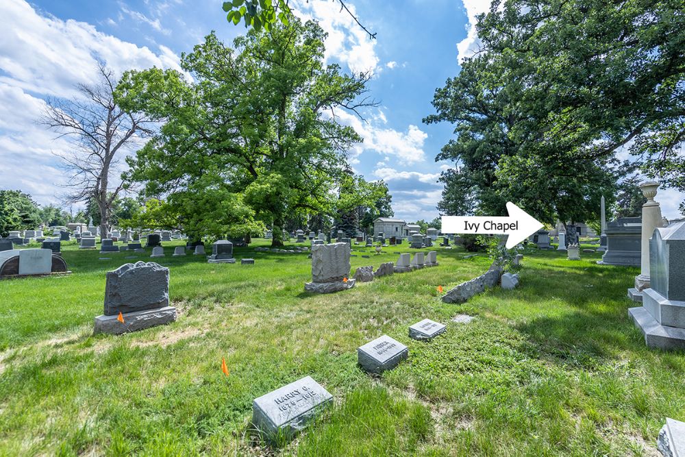 Plots with Ivy Chapel Visible, plots indicated by orange flags